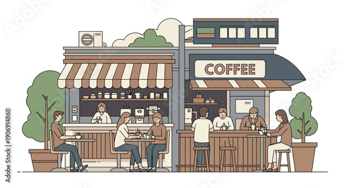 Coffee shop scene with people enjoying drinks and socializing outdoors.