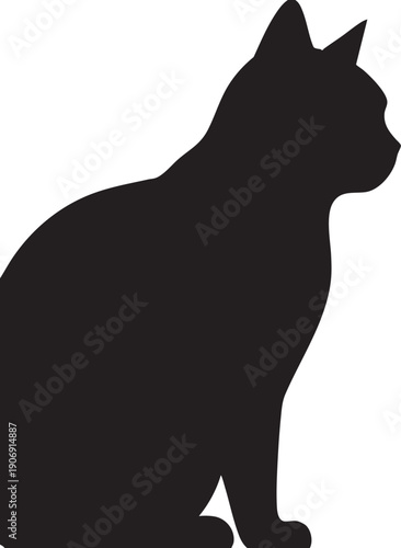 Black Cat Silhouette Sitting Side View Profile Isolated on Plain White Background