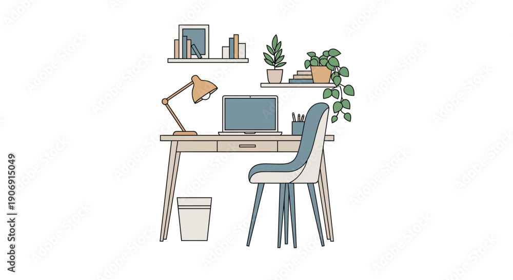 Fototapeta premium Cozy workspace illustration featuring a desk chair and laptop perfect for remote work.