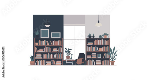 Cozy library interior with bookshelves books and decorative elements creating a warm reading space.