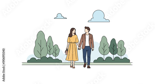 Couple walking together holding hands in a park enjoying the day.