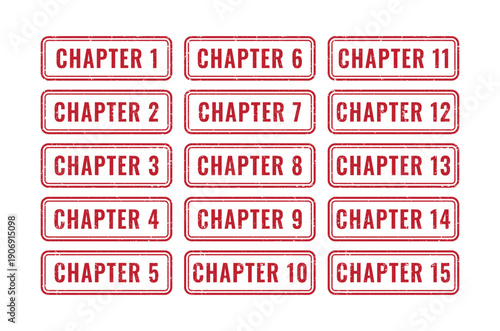 Full set of red outline chapter stamps from one to fifteen for systematic document indexing purposes