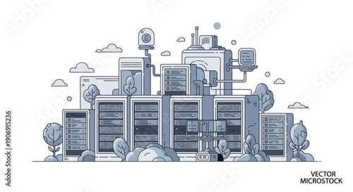 Data center illustration showcasing server racks technology and cloud computing infrastructure.