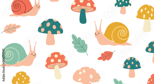 Seamless snail and mushroom vector clipart pattern in pastel colors for kids and nursery design