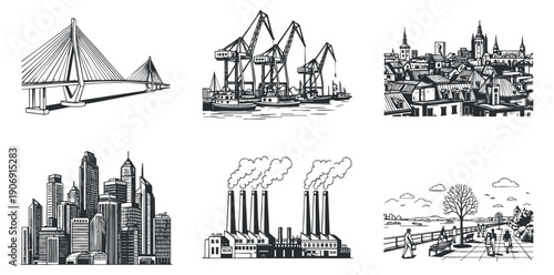 A collection of train illustrations featuring various locomotives in black and white outline vector style, perfect for transportation-themed designs