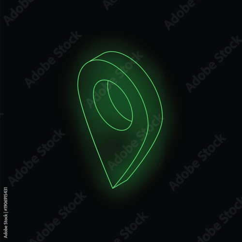Green neon pin glowing on a black background, representing location and guidance