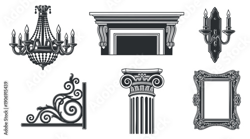 A collection of winter-themed illustrations featuring a snowflake, Christmas tree, reindeer, mittens, icicles, and decorative patterns in black and white outline style, perfect for holiday designs