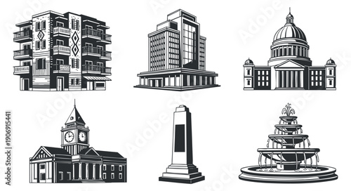 A collection of geometric patterns featuring circles, squares, and triangles in black and white outline vector style, suitable for textile design and backgrounds