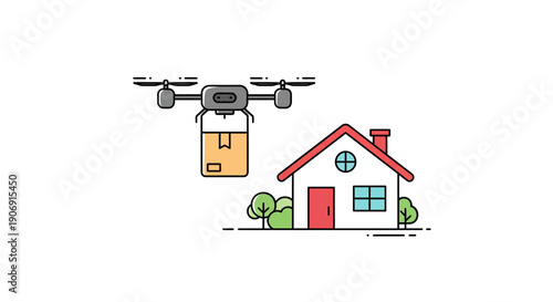 Drone delivering package to a house innovative delivery concept modern technology.