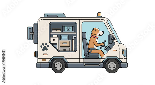 Dog driving a veterinary van ready for mobile pet care services.