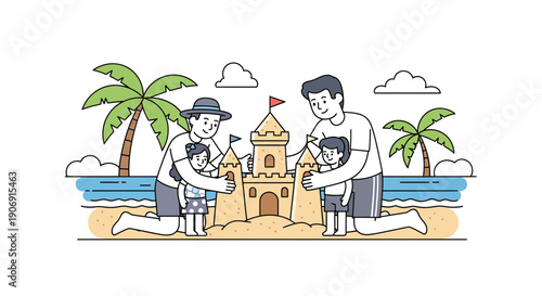 Family building a sandcastle together on a sunny beach vacation.