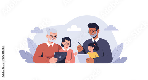 Family members gather together sharing moments and using technology for connection and learning.