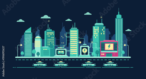 Futuristic Cityscape with Modern Buildings and Transportation Systems.