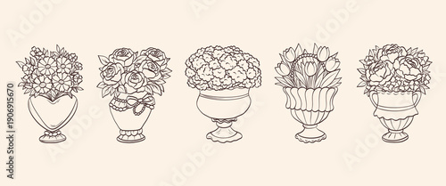 Hand drawn vases with flower bouquet illustrations. Doodle art icons in victorian. Romantic vector illustration for invitations, anniversaries, greetings, postcards.