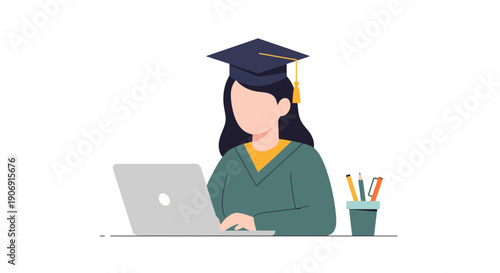 Graduate student working on laptop focused on education and online learning.