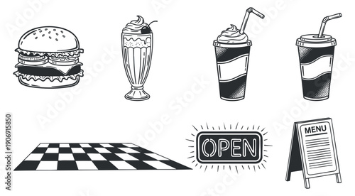 A collection of skincare icons including a roller, serum, and facial treatment in black and white outline style, suitable for beauty and wellness projects