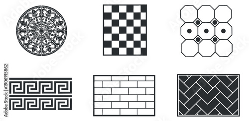 A collection of landscape illustrations featuring a house, tree, cityscape, mountains, desert, and water in minimalist black and white vector style