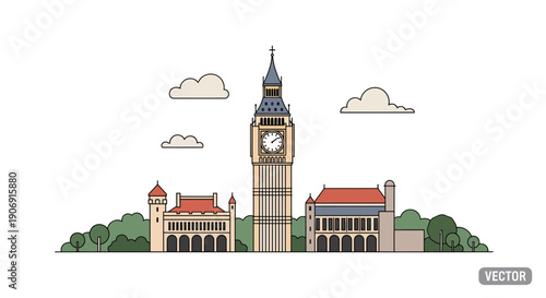 Iconic London Landmark Big Ben and Surrounding Buildings Illustration.