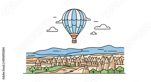 Hot air balloon soaring above the landscape with colorful design and scenic views.
