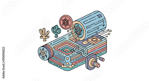 Intricate illustration of a futuristic digital device with complex internal components and symbols.