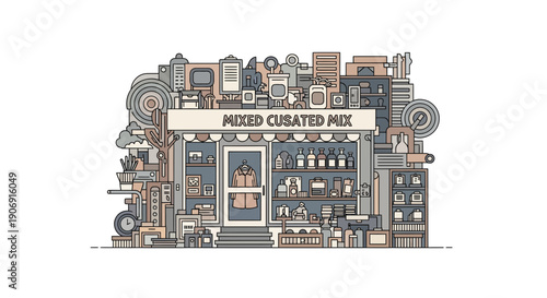 Intricate illustration of a shopfront with a curated mix of items and elements.