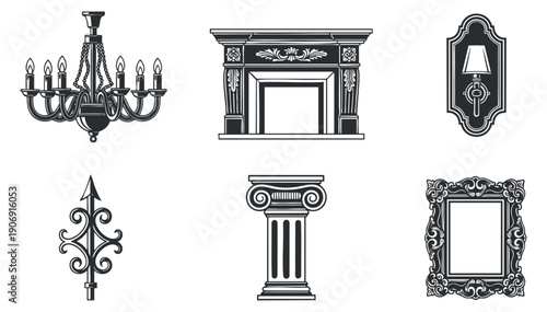 A collection of abstract portal and gateway illustrations in black and white geometric vector style, suitable for fantasy and sci-fi designs