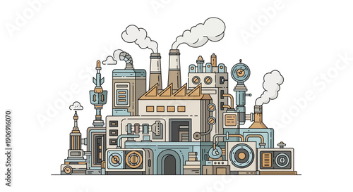 Intricate industrial illustration showcasing a complex network of buildings and structures with smoke.