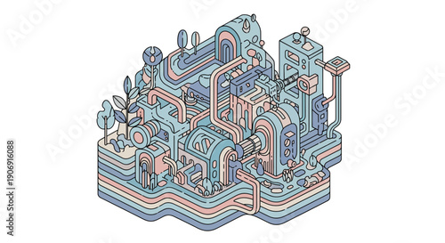 Intricate isometric illustration of a complex industrial machine with colorful details and pipes.