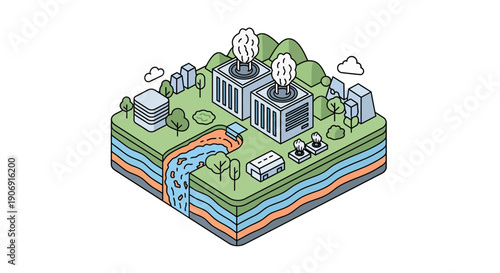 Isometric illustration of a nuclear power plant with surrounding environment and landscape.