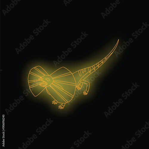Frilled neck lizard opening its frill in a neon sign style drawing on a black background