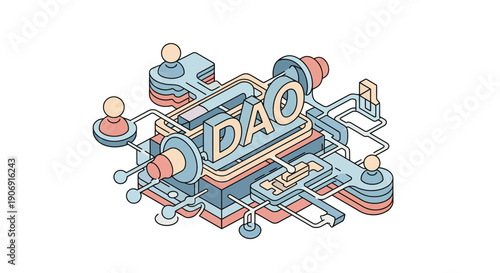 Isometric illustration of DAO concept with interconnected digital components and users.