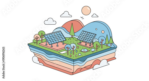Isometric illustration of solar panels generating clean energy for a sustainable future.