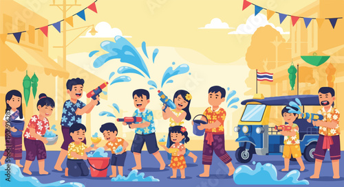 Illustration of a festival with people playing with water guns and water