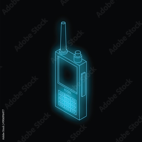 Portable handheld transceiver with buttons and antenna glowing with blue neon light