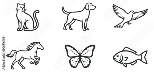 A collection of music-related icons including headphones, musical notes, a vinyl record player, and a guitar in black and white outline vector style, perfect for music-themed projects and branding