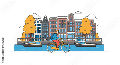 Man rides bicycle along canal in Amsterdam enjoying the city view and architecture.