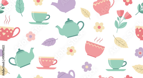 Tea party seamless pattern vector clipart with teapots, cups, flowers, and leaves in pastel colors