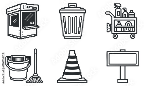 A collection of various bus illustrations in minimalist line art style, ideal for transportation and urban design projects