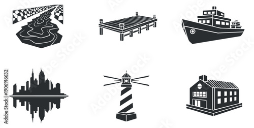 A set of ASIC mining hardware icons in black and white vector style, suitable for tech-related projects and illustrations