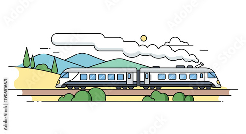 Modern highspeed train traveling on railway tracks with scenic background.