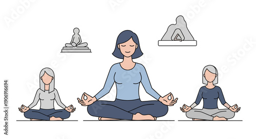 Meditating women in lotus position promoting mindfulness and relaxation.