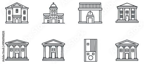 A collection of smart contract icons featuring documents, checkmarks, gears, and locks in a clean outline vector style, suitable for technology and blockchain projects