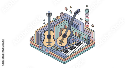 Musical instruments arrangement featuring guitars piano and a unique artistic composition for music lovers.