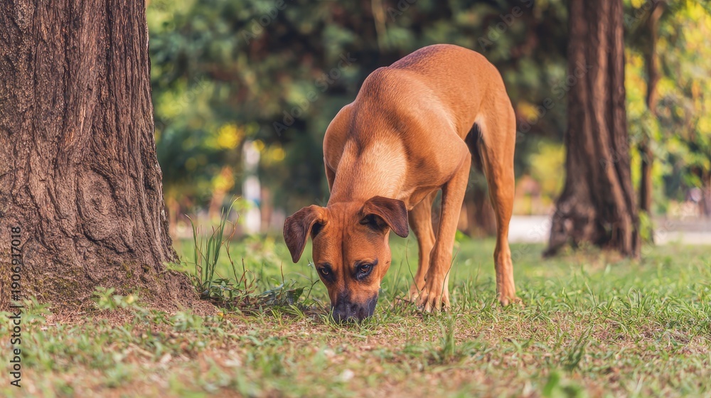 Naklejka premium Dog sniffing the ground in green park surrounded by trees grass, exploring outdoor natural environment, pet behavior concept, curiosity, adventure, animal lifestyle, active canine enjoying nature