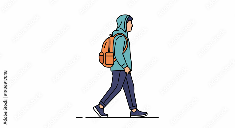 Fototapeta premium Person walking with backpack wearing hoodie side view casual style outdoor activity.