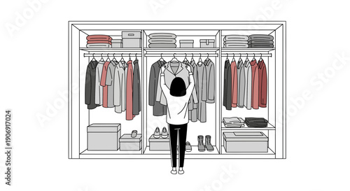 Person selecting clothes from a wellorganized wardrobe choosing an outfit.