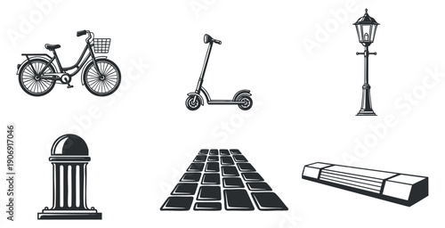 A collection of productivity icons including a calendar, checklist, battery, clock, stopwatch, and phone in minimalist outline vector style, suitable for business and technology projects