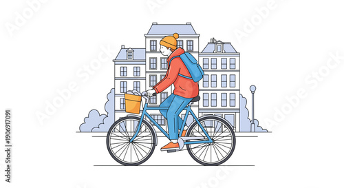 Person riding bicycle with basket wearing backpack and hat in front of buildings.
