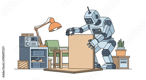 Robot holding a blank board in a workspace ready for presentation or display.