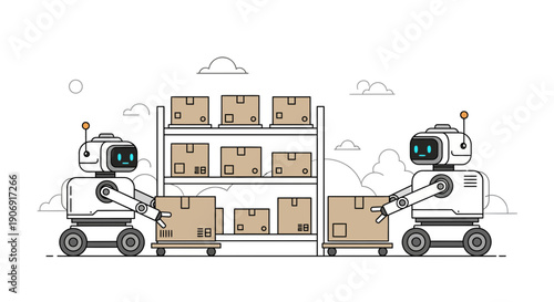 Robots working together to move boxes in a warehouse environment for logistics.